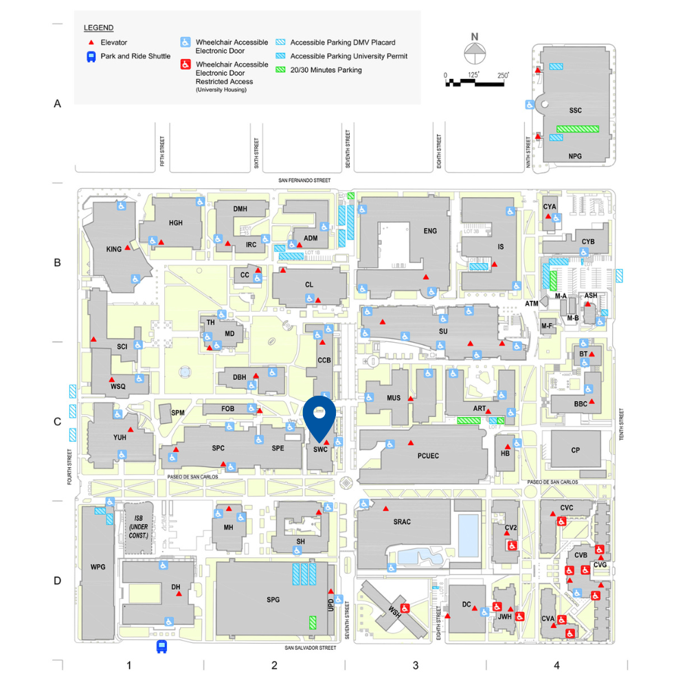 Campus map of San José State University with a location pin on the Student Wellness Center