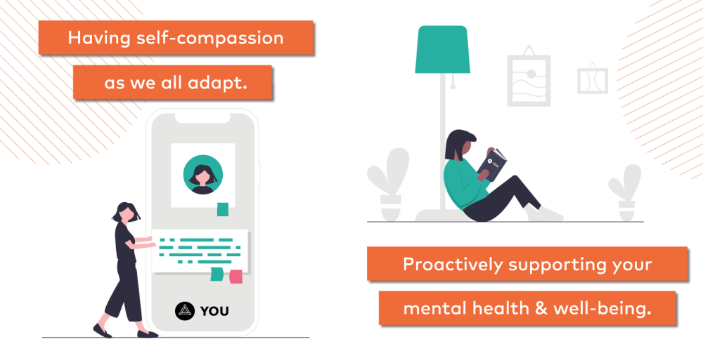 Images from YOU@SJSU with text stating Having Self-Compassion as we all adapt with a phone and the YOU logo and another image with a person reading book with the text Proactively supporting your mental health and well-being