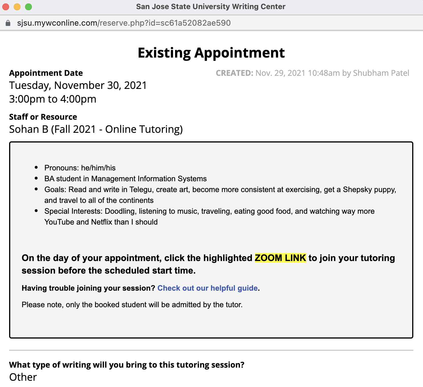 Existing appointment page in WCOnline