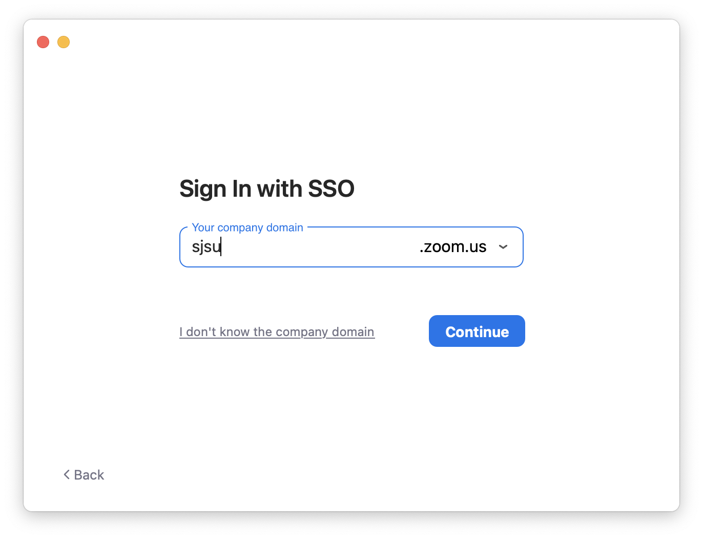 SSO sign-in page in Zoom