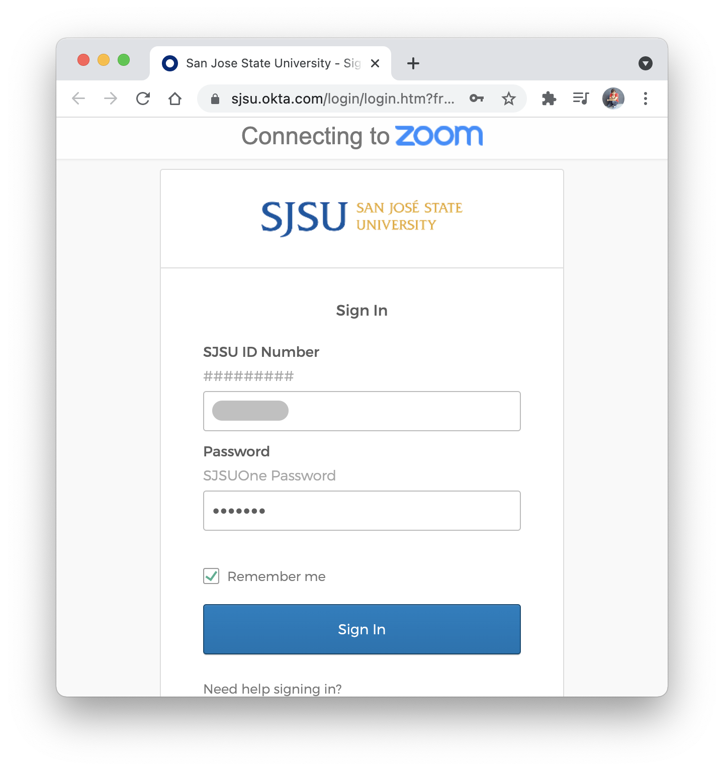 SJSU sign-in page